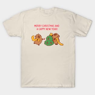 Cute capybaras decorating a christmas tree, getting ready for holidays T-Shirt